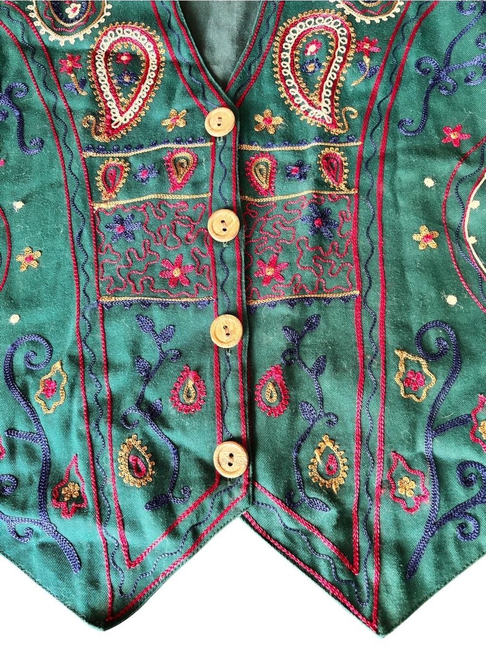 Vintage 90s Embroidered Green Paisley Women's Vest - Bohemian Button-Front - Picture 2 of 6